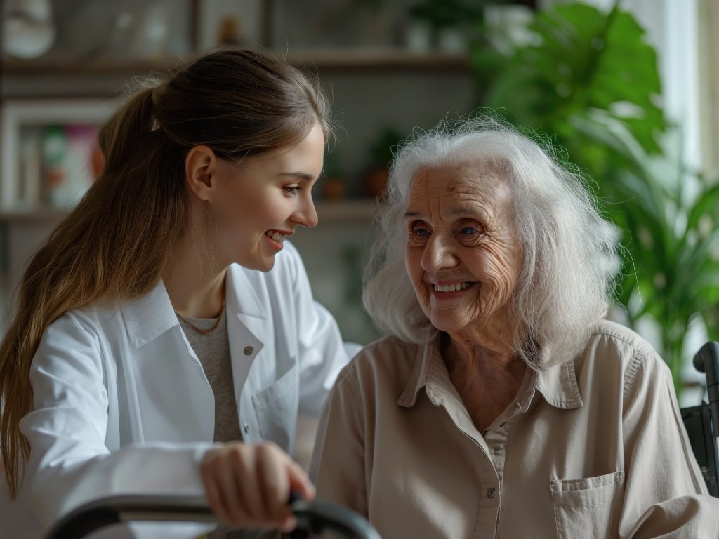 A caregiver happily supports an elderly woman walk in her home. Home care in Brookline