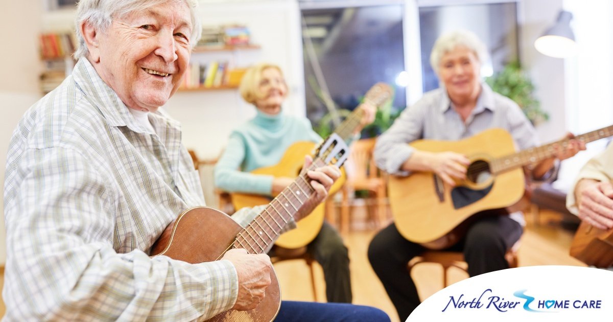 A group of seniors enjoy playing instruments together showing the impact of music for older adults.