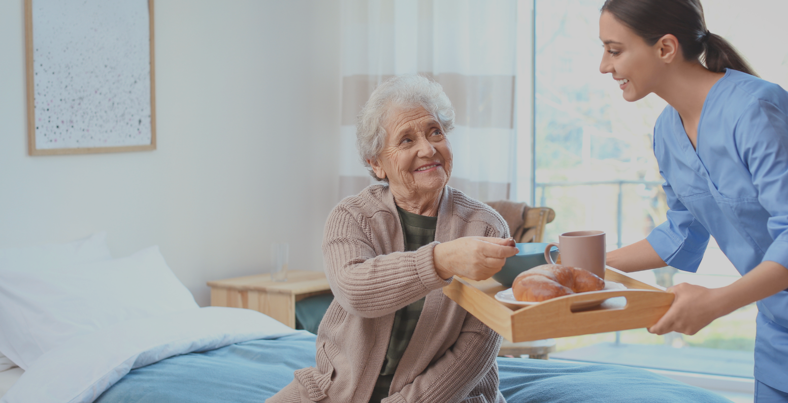 home health professional serving meal to elderly person