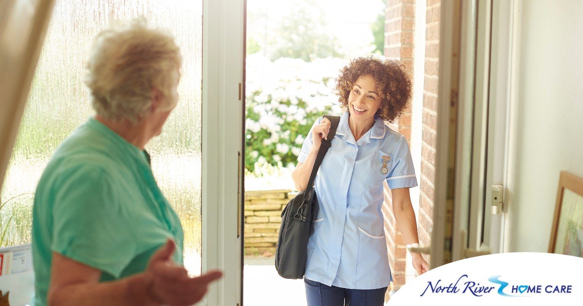 A caregiver comes in to see a client at home representing senior home care and the services offered.