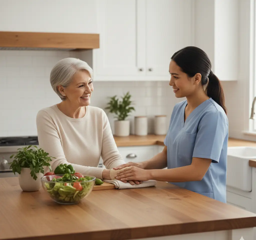 A warm, realistic lifestyle image of a professional companion caregiver sitting with an older adult in a cozy living room, sharing a genuine conversation and smiling together. Soft natural lighting, neutral and warm color palette. Emphasis on inclusion, emotional connection, and meaningful companionship. Calm, welcoming home environment. No text, no logos, no medical equipment.