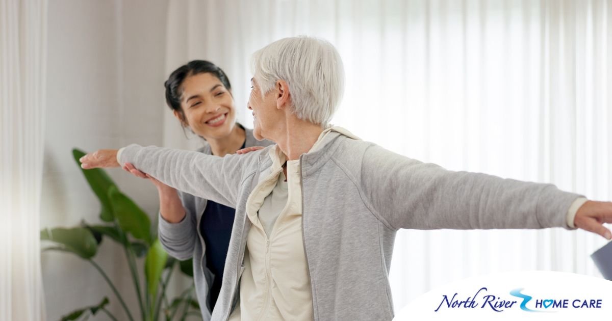 A caregiver and senior practice tai chi as one of many enriching activities for seniors at home.