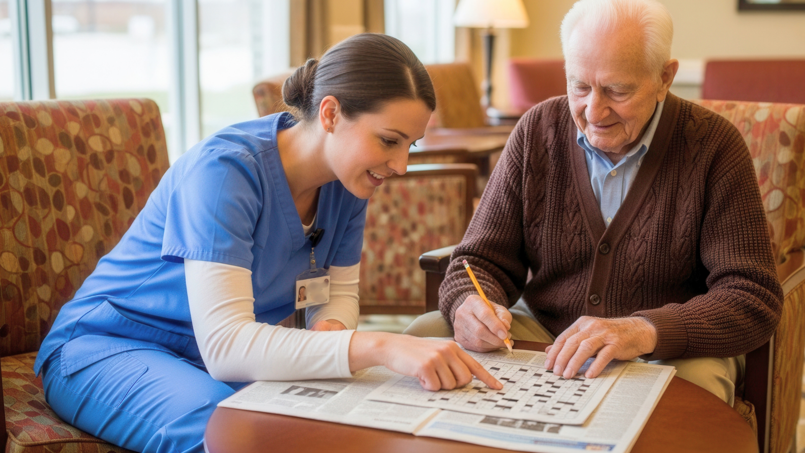 Website Header Slider Options (5) home health aide helping client with crossword puzzle