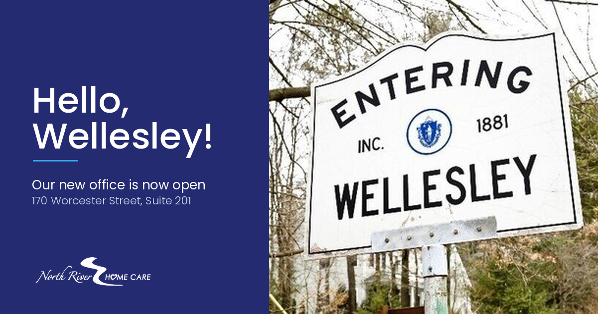 Home care in Wellesley: North River Home Care new office announcement with Entering Wellesley town sign