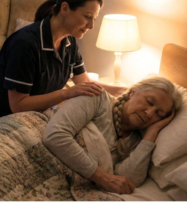A caregiver gently comforting an older woman as she rests in bed at night