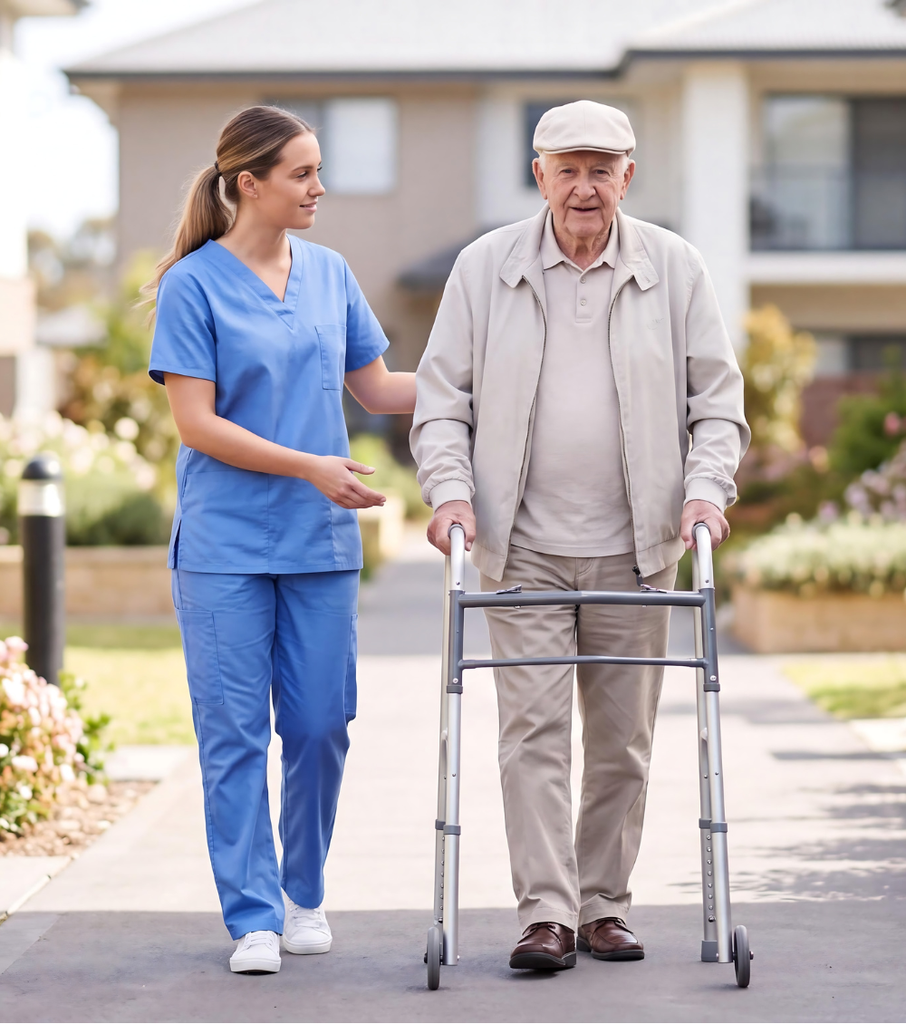 A North River caregiver walks alongside an older man using a walker on a sunny neighborhood path