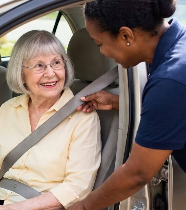A caregiver helping a smiling older woman buckle her seatbelt in a car