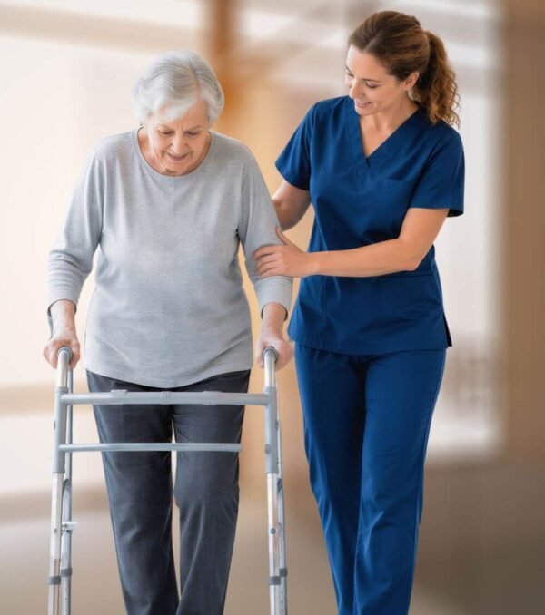 A caregiver supporting an older woman as she walks with a walker