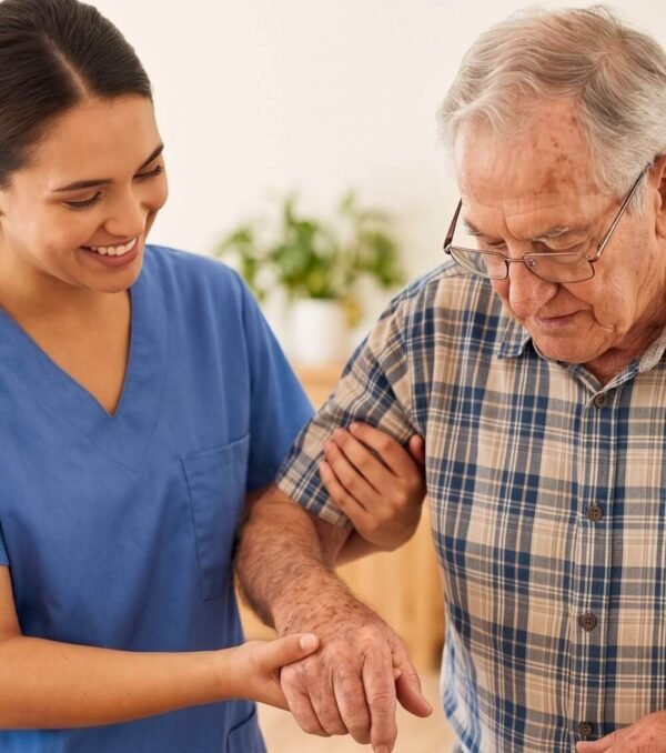 A smiling caregiver gently steadying an older man as he walks