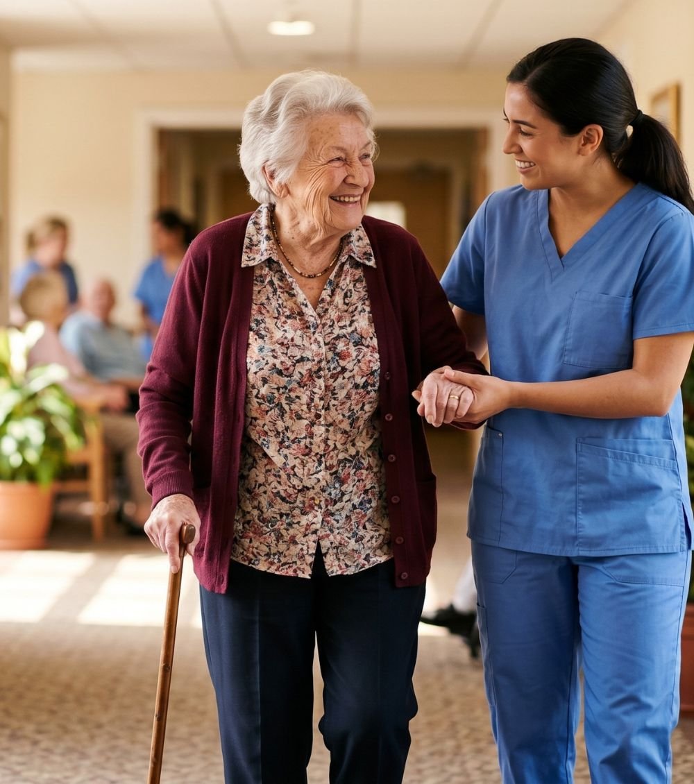 A North River caregiver in scrubs walking arm in arm with a smiling older woman using a cane