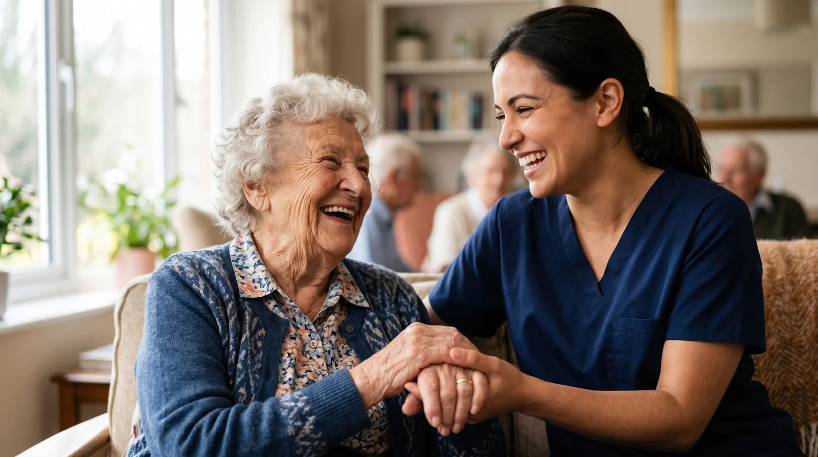 A smiling caregiver in scrubs holding hands and laughing with an older woman