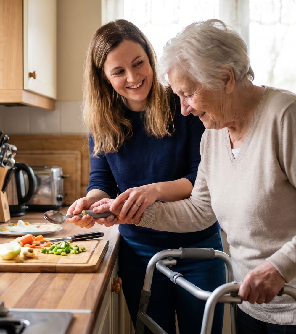 A North River caregiver smiling as she helps an older woman in the kitchen